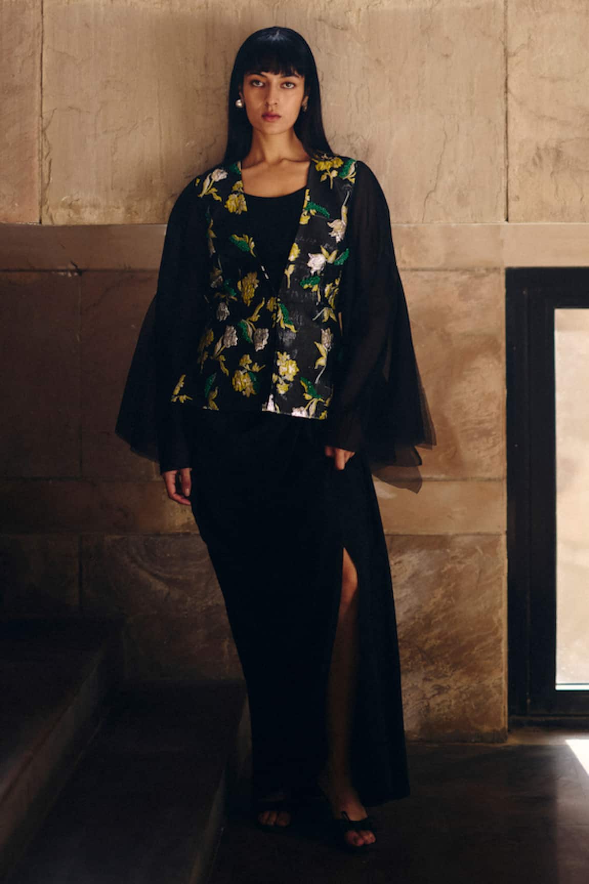 Studio Radical Jacquard Beaded Peplum Jacket & Slit Skirt Set 