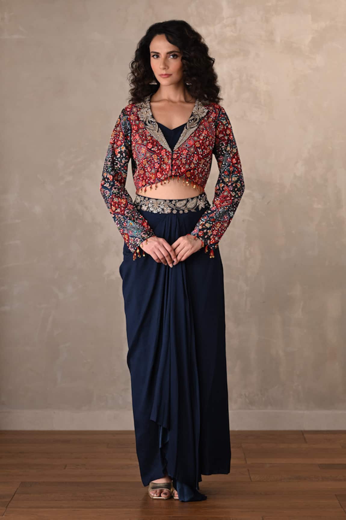Onaya Mirror Embroidered Jacket & Draped Skirt Set 