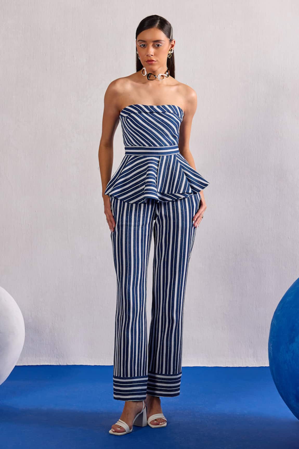 Zazu Striped Peplum Top & Pant Set 