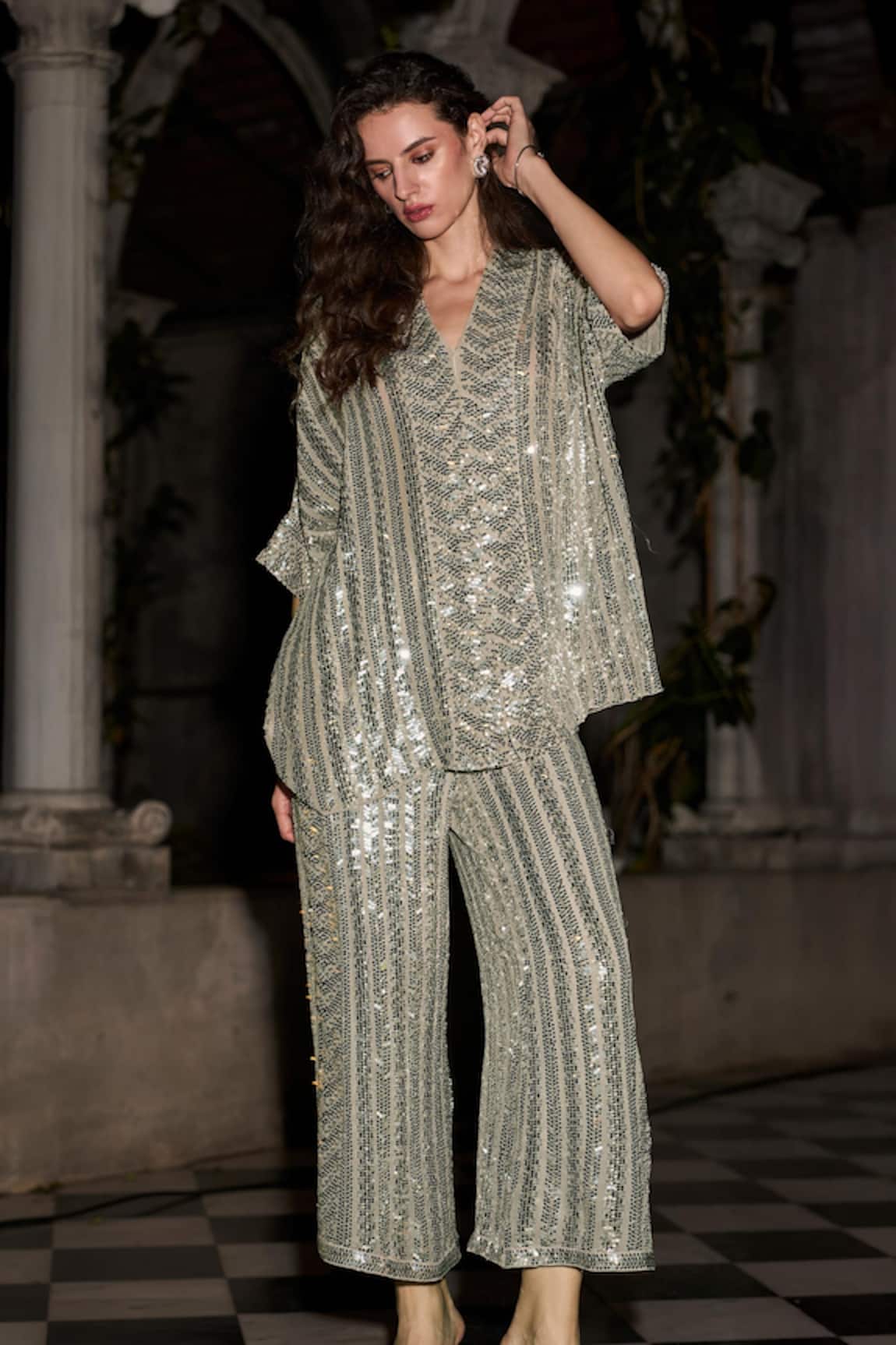 Dash And Dot Sequin Embroidered Boxy Top & Pant Set 