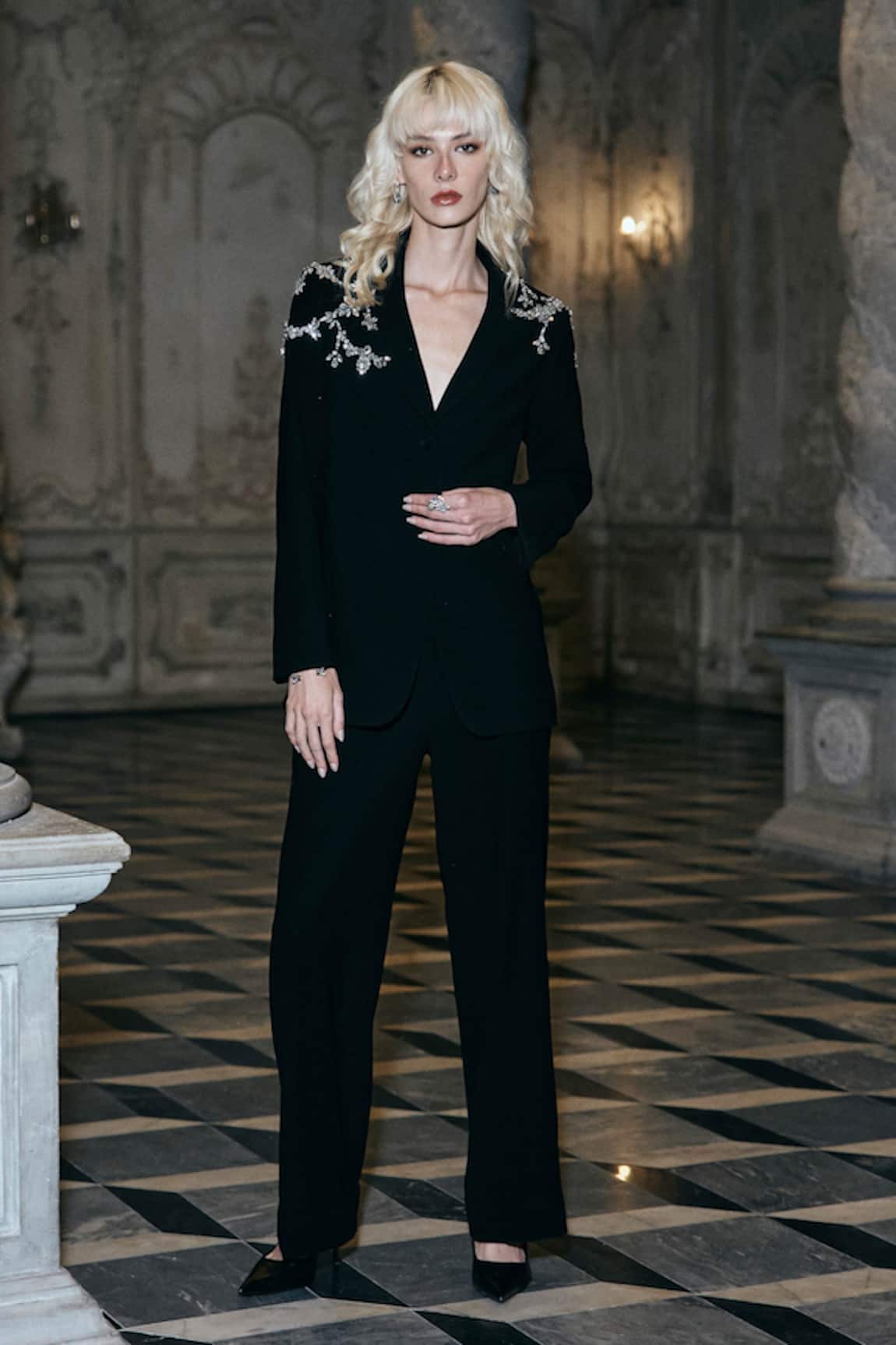 Dash And Dot Crystal Embellished Blazer With Pant 