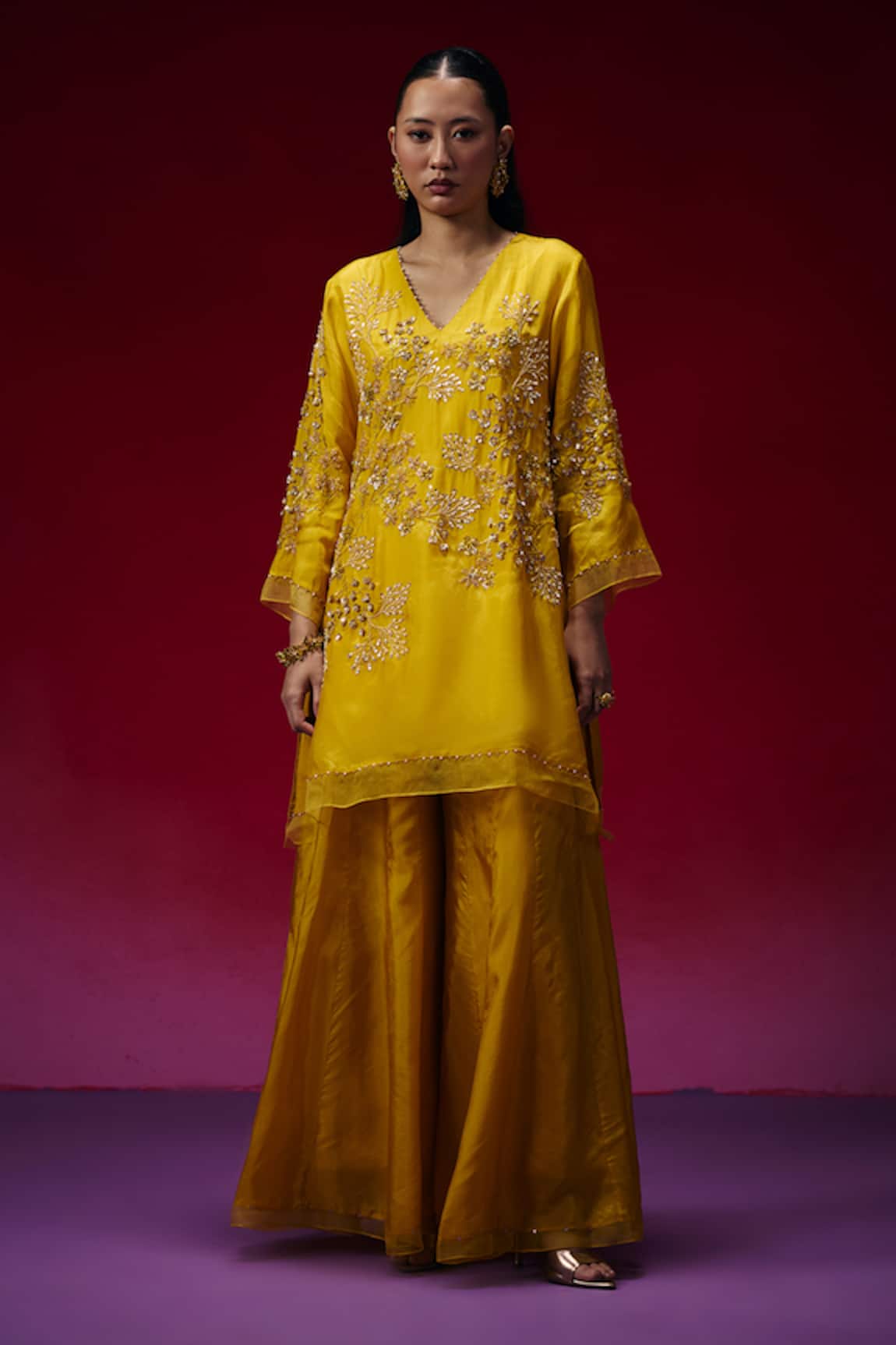 One Not Two Floral Hand Embroidered Kurta & Sharara Set 