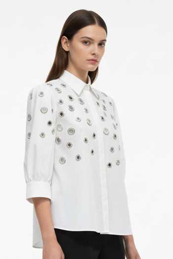 Studio Moda India Embellished Eyelet U-Hem Shirt 