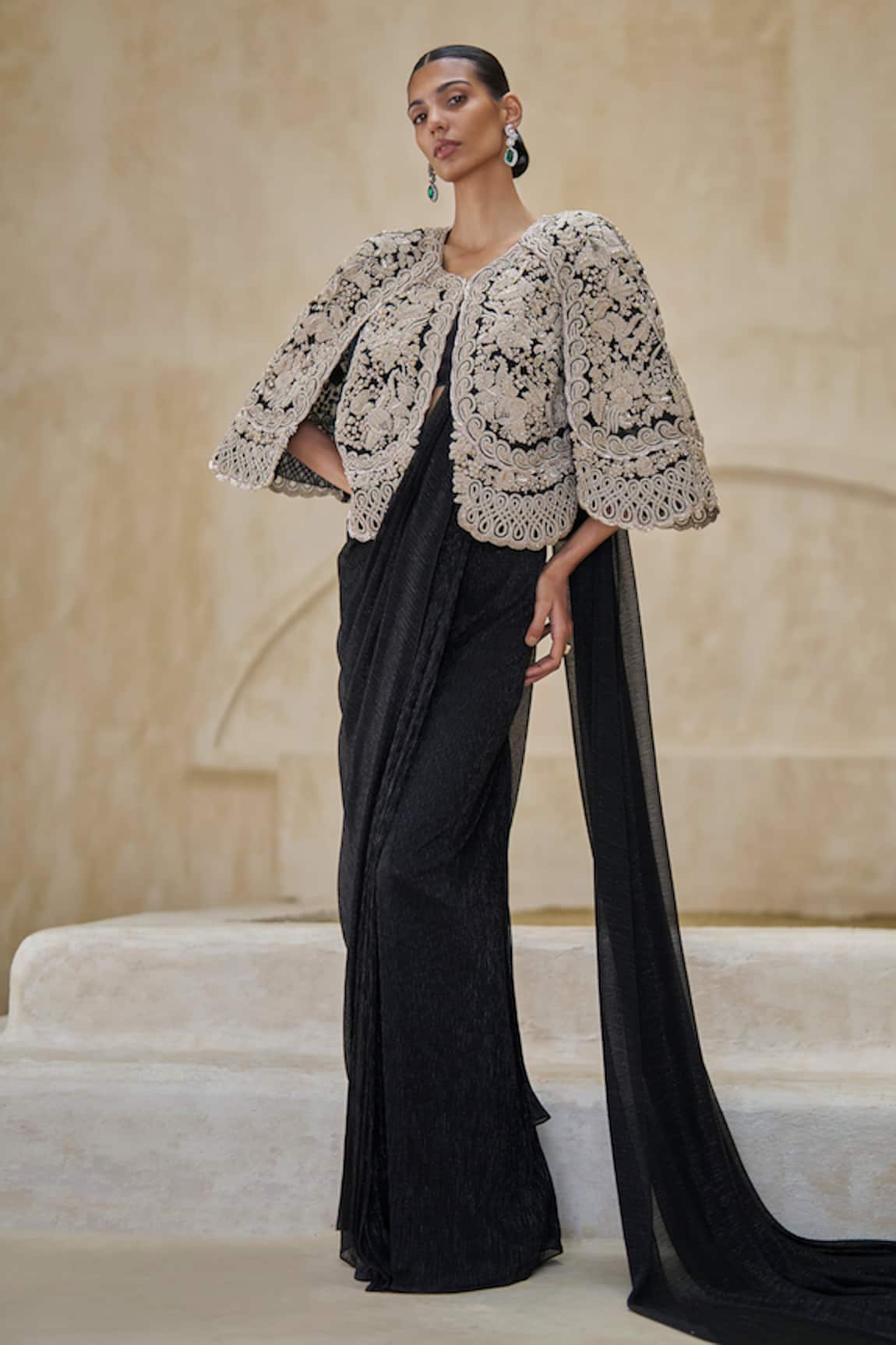 Pankaj & Nidhi Serene Majesty Pre-Draped Saree Set With Cape