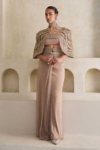 Pankaj & Nidhi The Gilded Reverie Pre-Draped Saree Set With Cape 