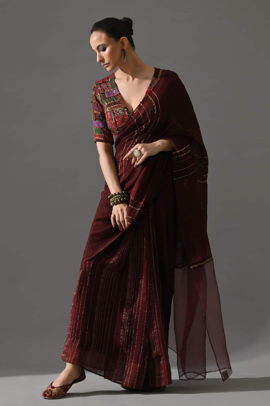 Medha Cola Saree With Brocade Patchwork Blouse 