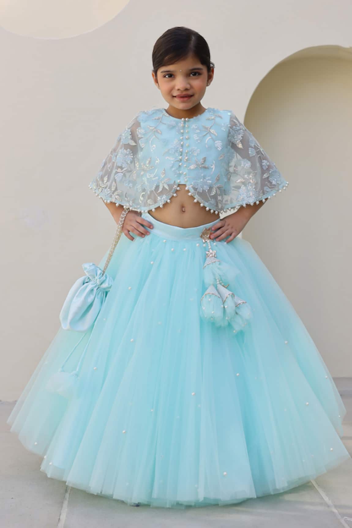 Janyas Closet Ocean Mist Embellished Cape & Lehenga Set 