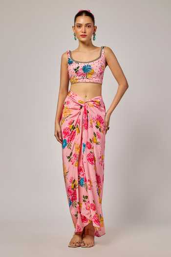 Krishna Padia Floral Printed Blouse & Draped Skirt Set 