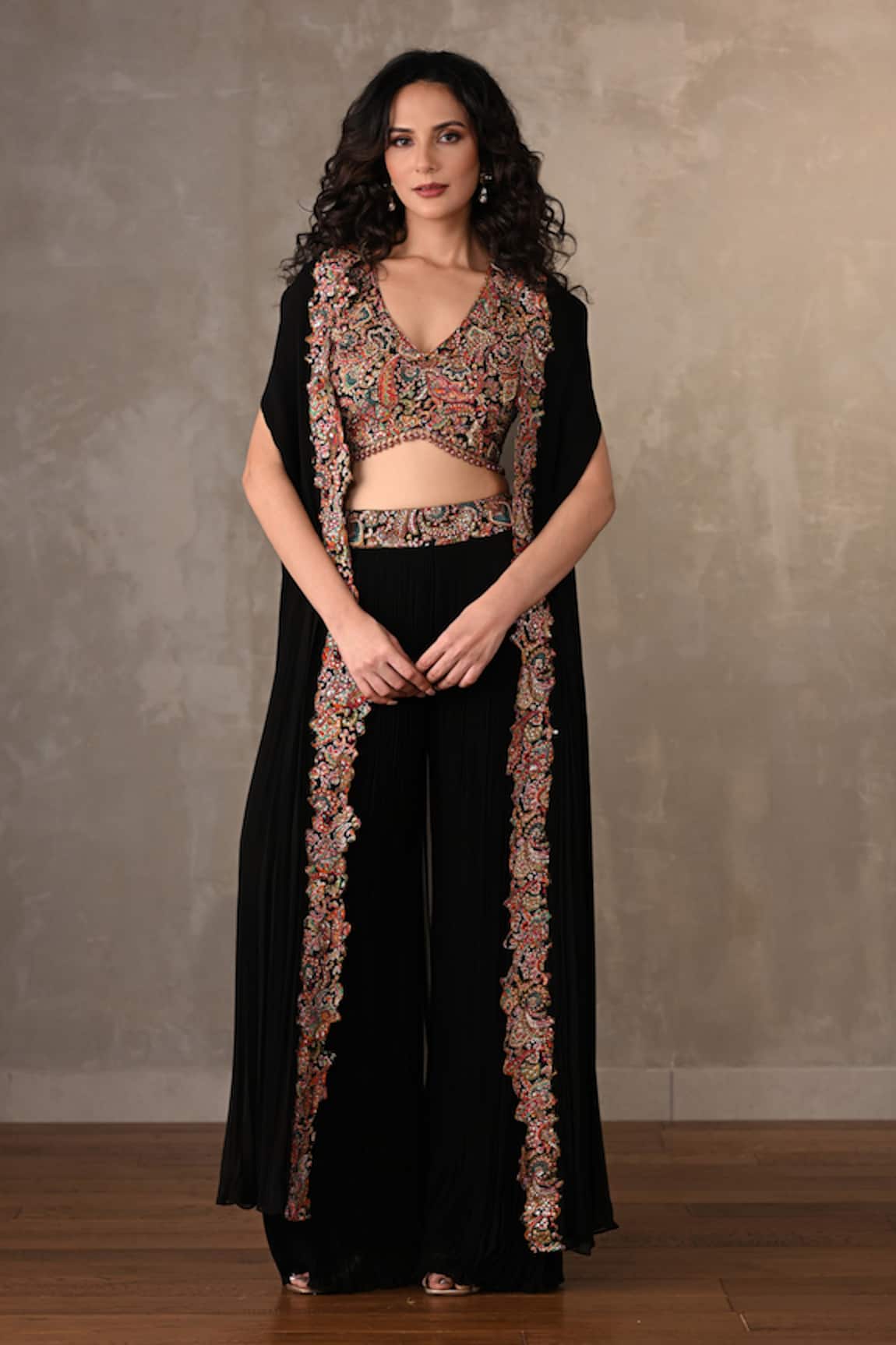 Onaya Embroidered Cape & Pleated Pant Set 