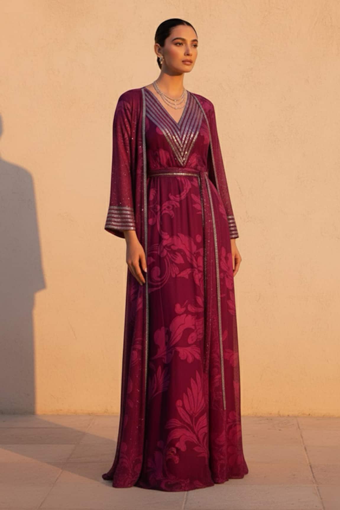 Nikita Mhaisalkar Swirl Print Maxi Dress & Long Jacket Set 