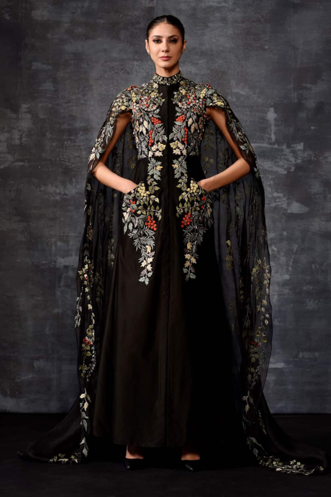 Samant Chauhan Black Embroidered Cape Gown 