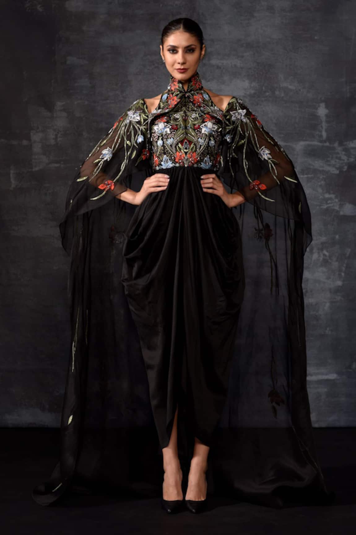 Samant Chauhan Draped Sleeve Embroidered Gown 