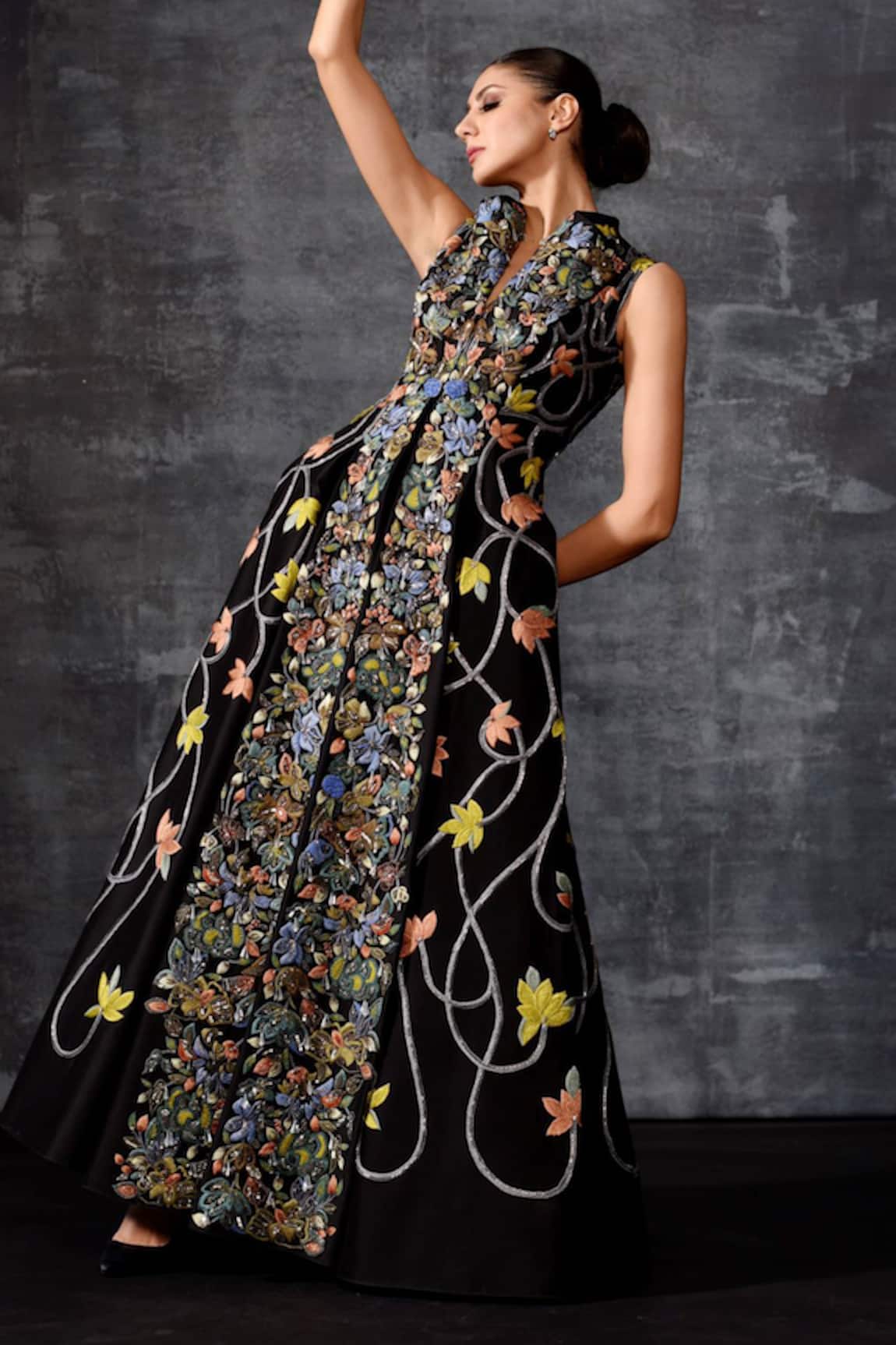 Samant Chauhan Sleeveless Floral Embroidered Gown 