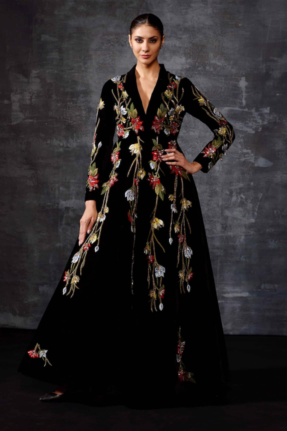 Samant Chauhan Floral Embroidered Jacket Gown 