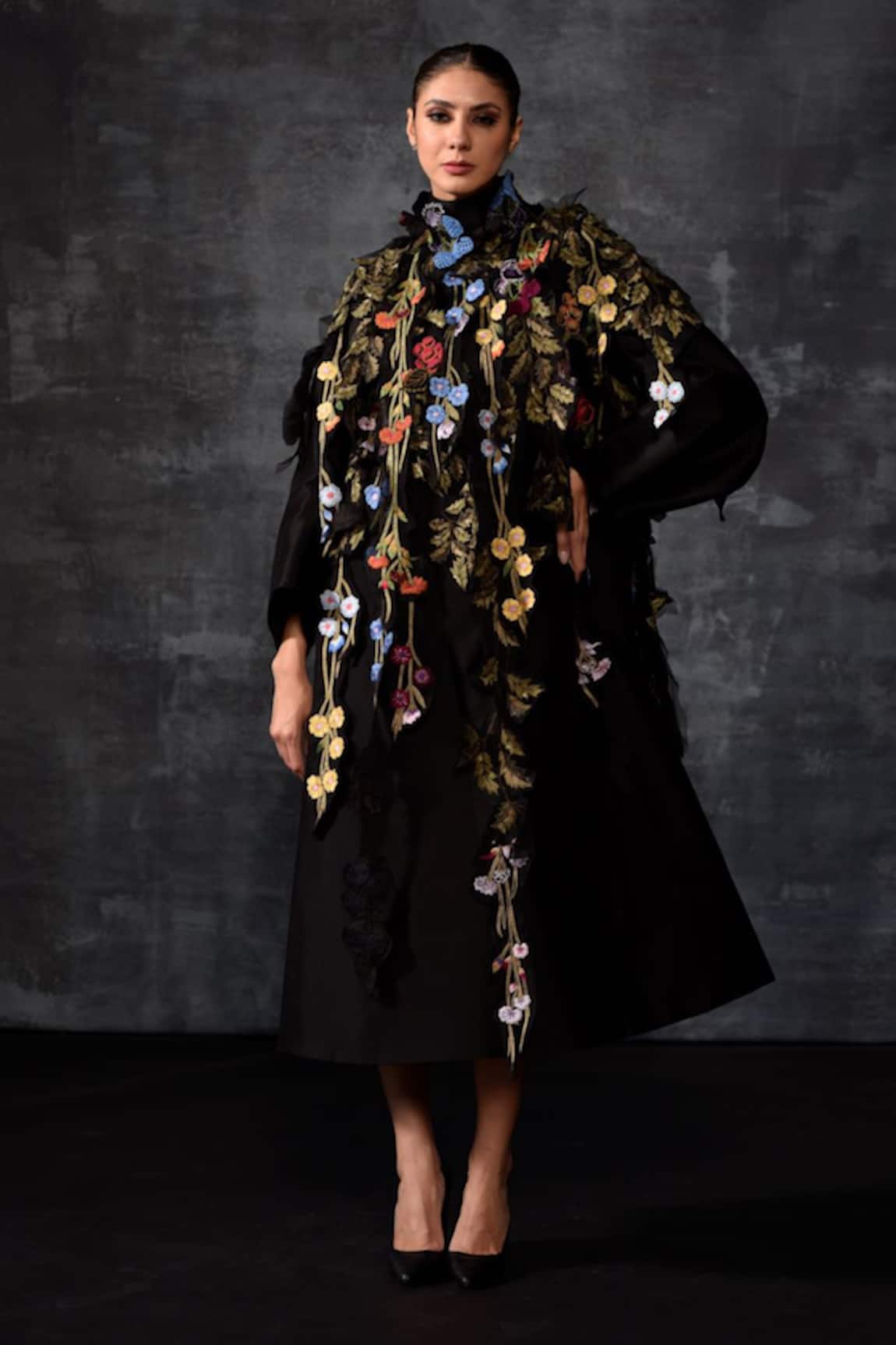 Samant Chauhan Floral Applique Cape Dress 