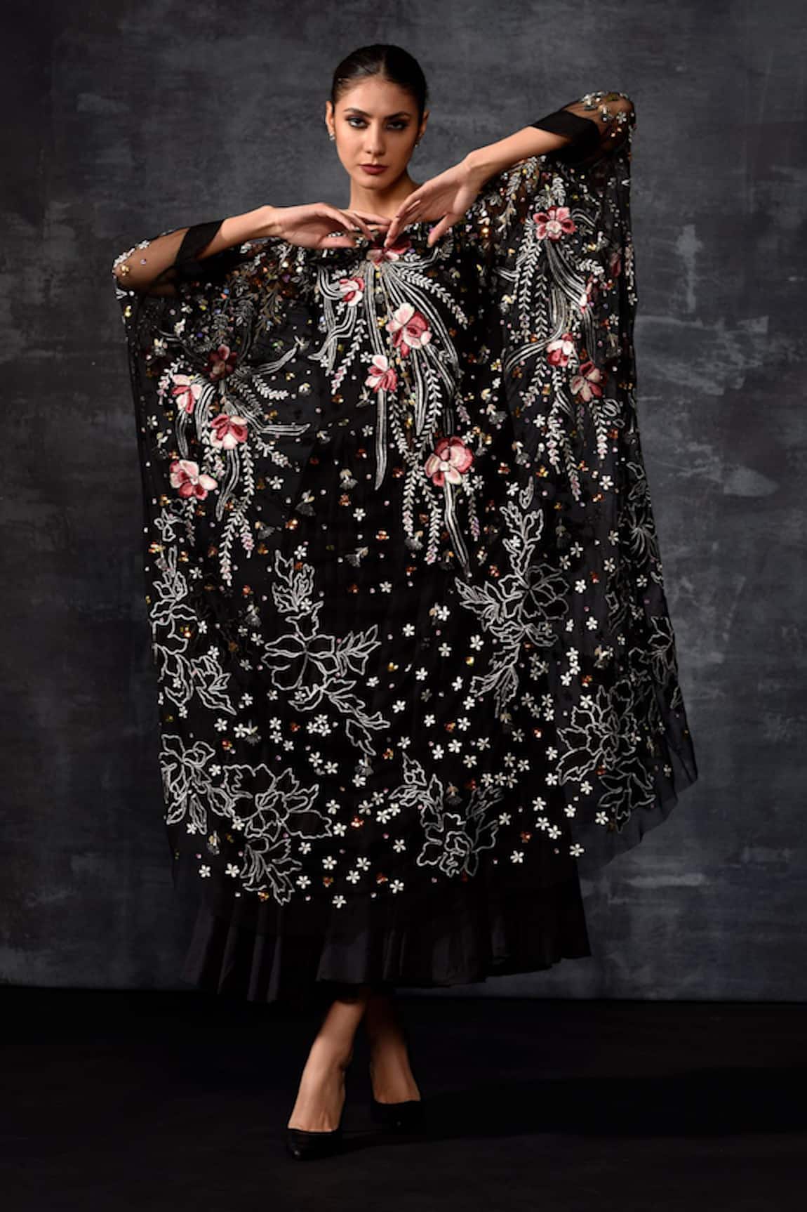 Samant Chauhan Black Floral Embroidered Cape Dress 