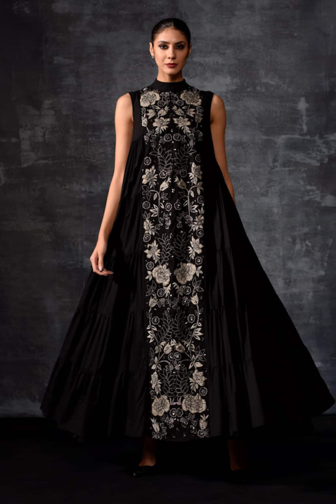 Samant Chauhan Black Sleeveless Embroidered Maxi Dress 