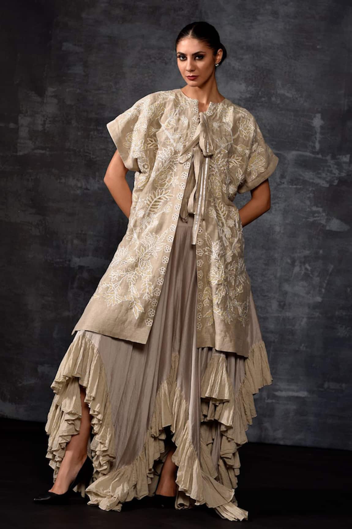 Samant Chauhan Embroidered Kaftan Jacket & Tiered Ruffle Skirt Set 