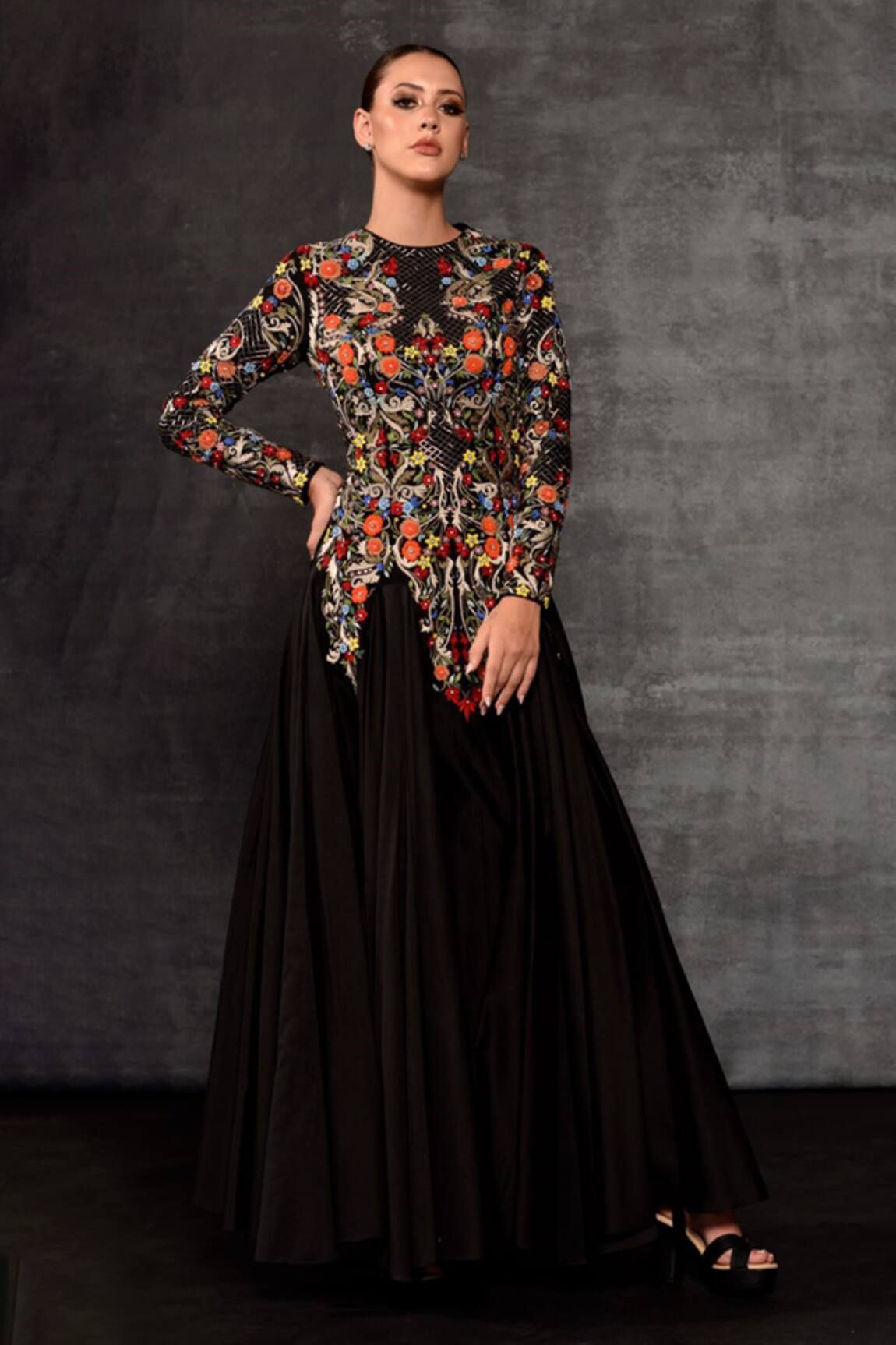 Samant Chauhan Vibrant Floral Embroidered Black Gown 