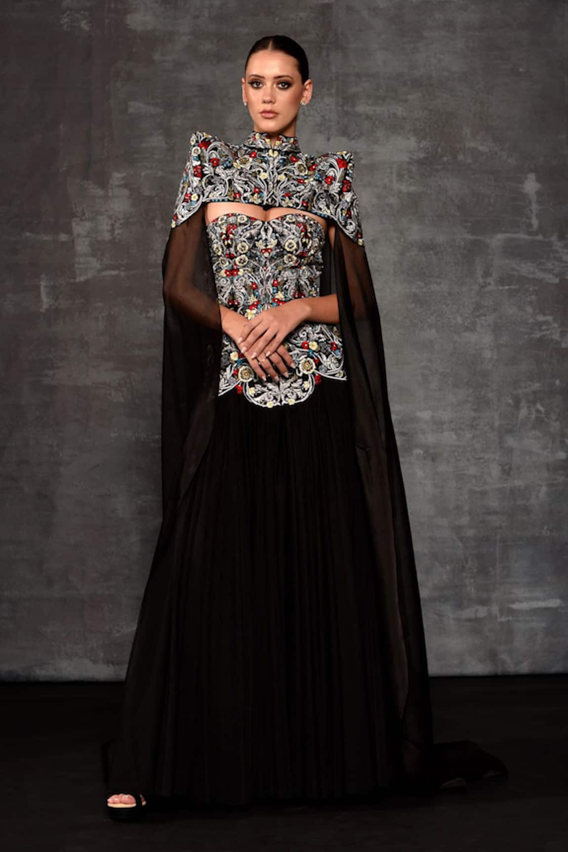 Samant Chauhan Regal Tapestry Embroidered Gown With Detachable Cape 