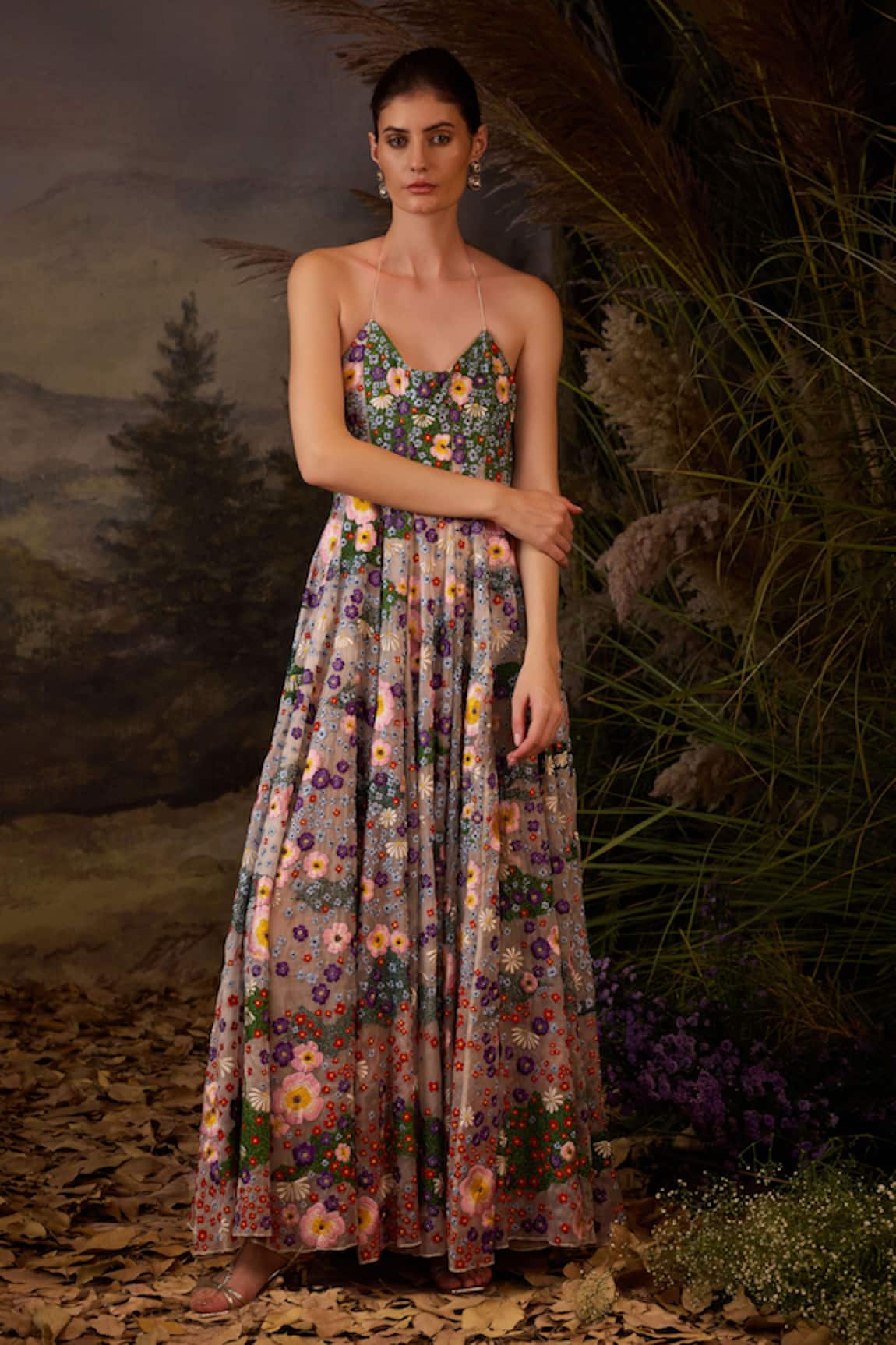 Samant Chauhan Floral Halter Neck Gown 