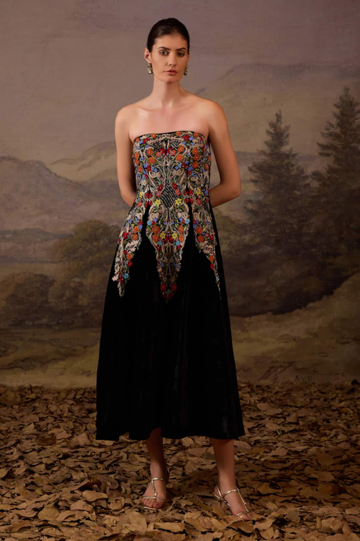 Samant Chauhan Strapless Embroidered Dress 