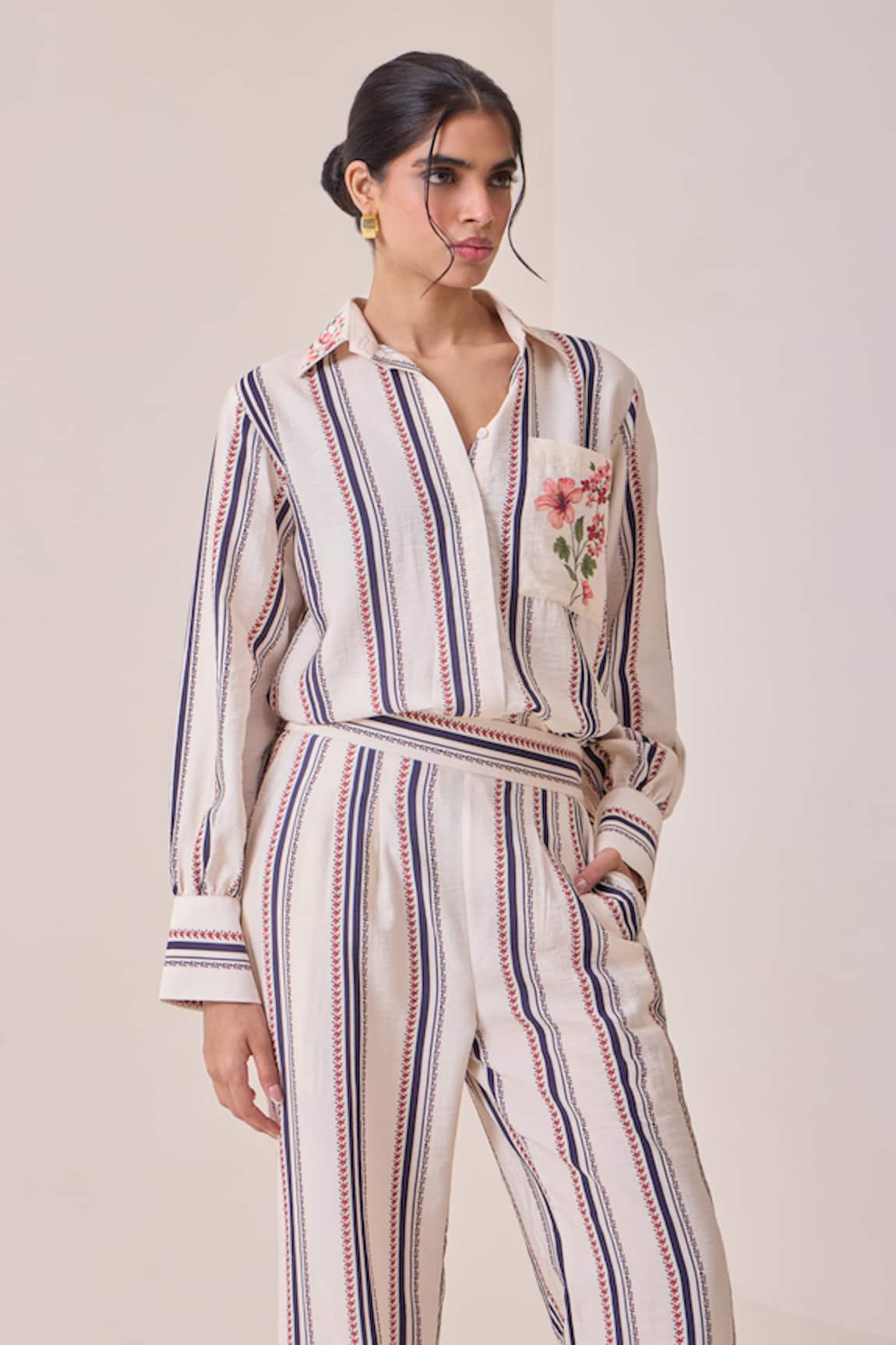 Needleten Striped Floral Embroidered Shirt