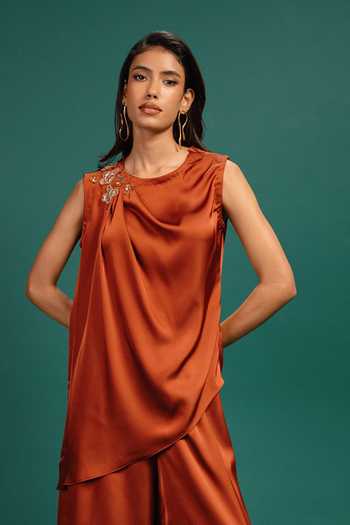 Style Junkiie Rust Spotted Draped Satin Top 