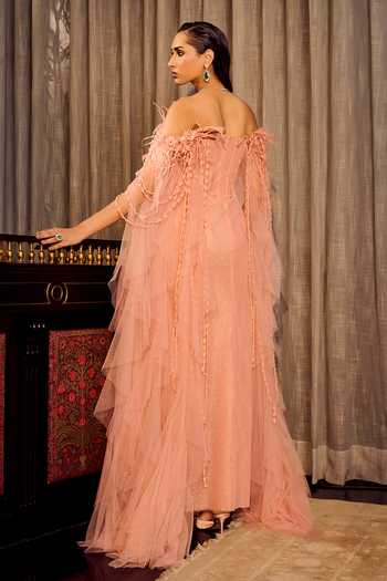 Buy Pink Tulle Ruffles, Fabric Flowers Off-shoulder Off Sheath