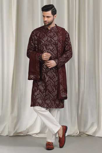 Aham-Vayam Geometric Embroidered Kurta Pant Dupatta Set 