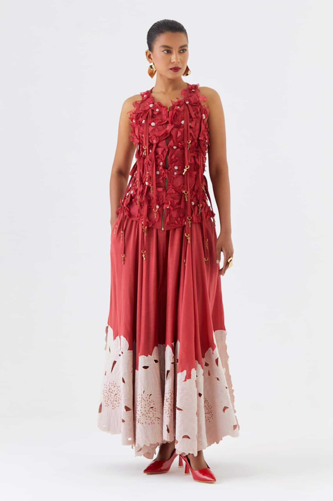 Jajaabor Blossom Cutwork Embroidered Jacket & Skirt Set 