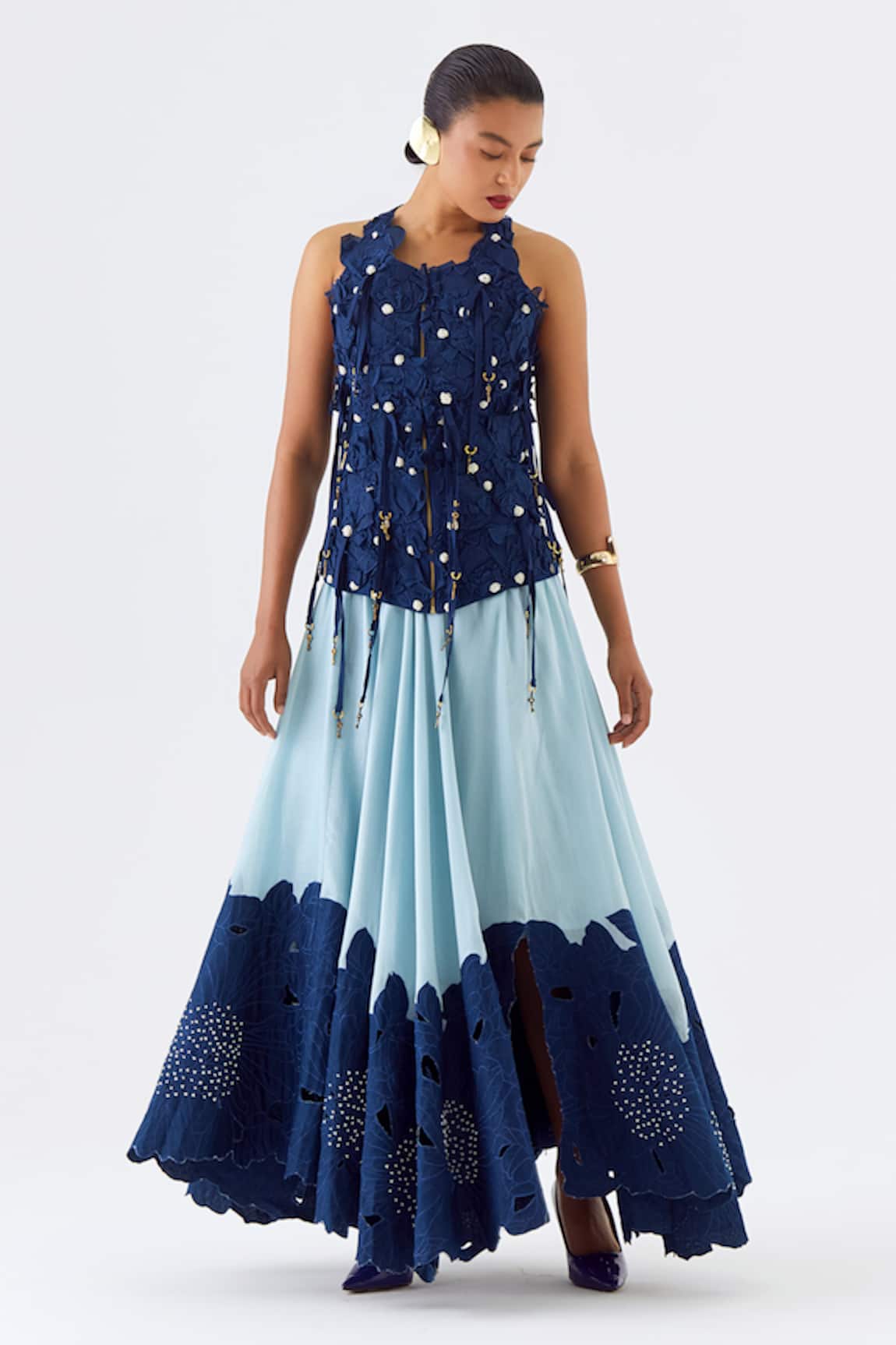 Jajaabor Blossom Cutwork Embroidered Jacket & Skirt Set 