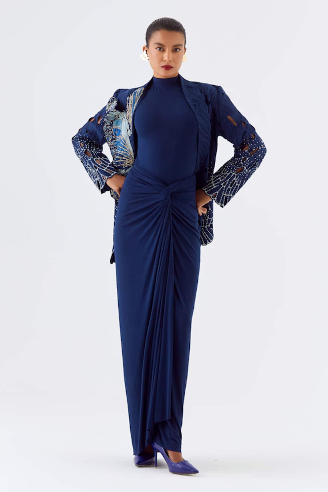 Jajaabor Cutwork Butterfly Embroidered Jacket Skirt Set 