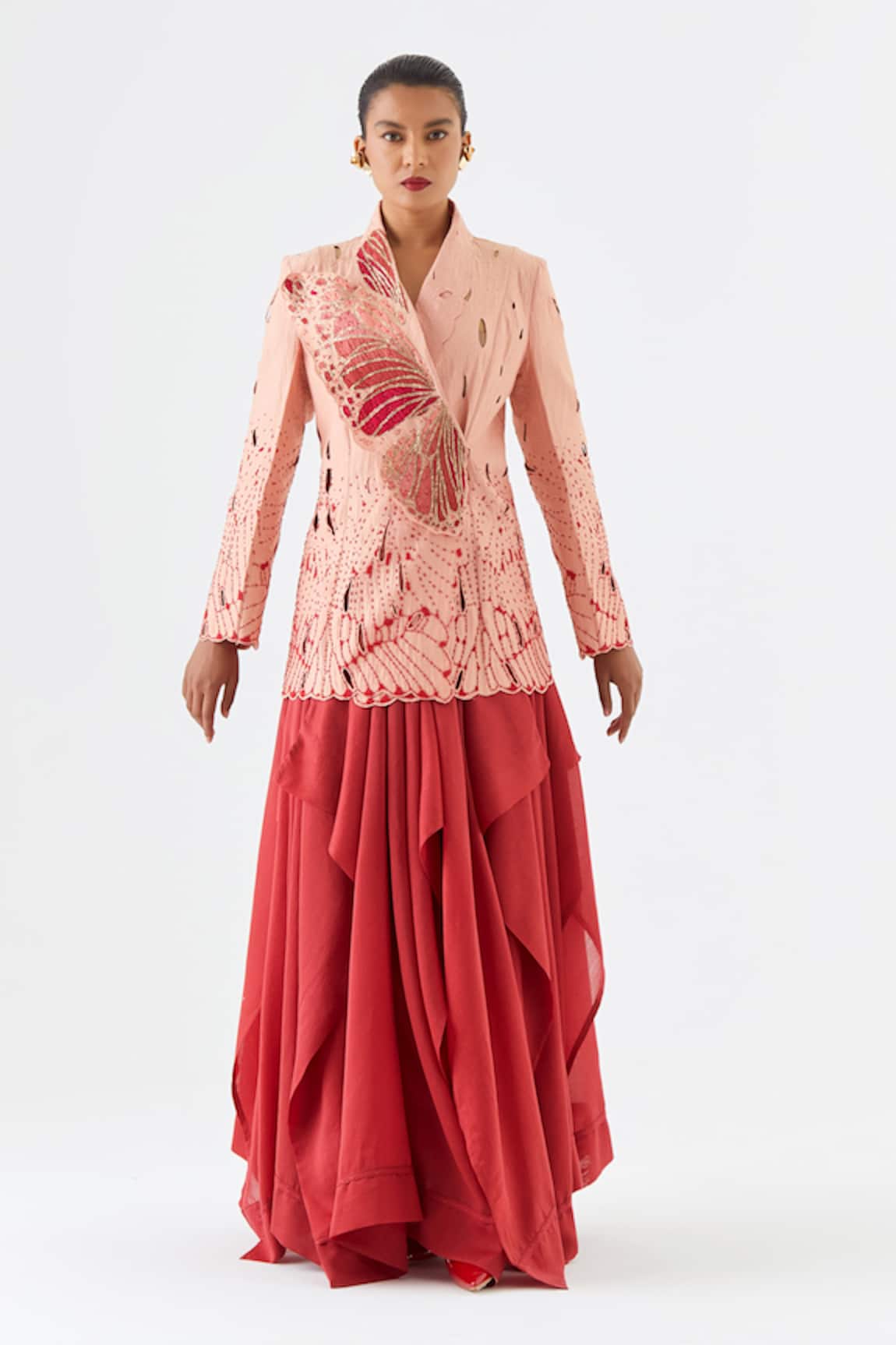 Jajaabor Cutwork Butterfly Embroidered Jacket & Skirt Set 