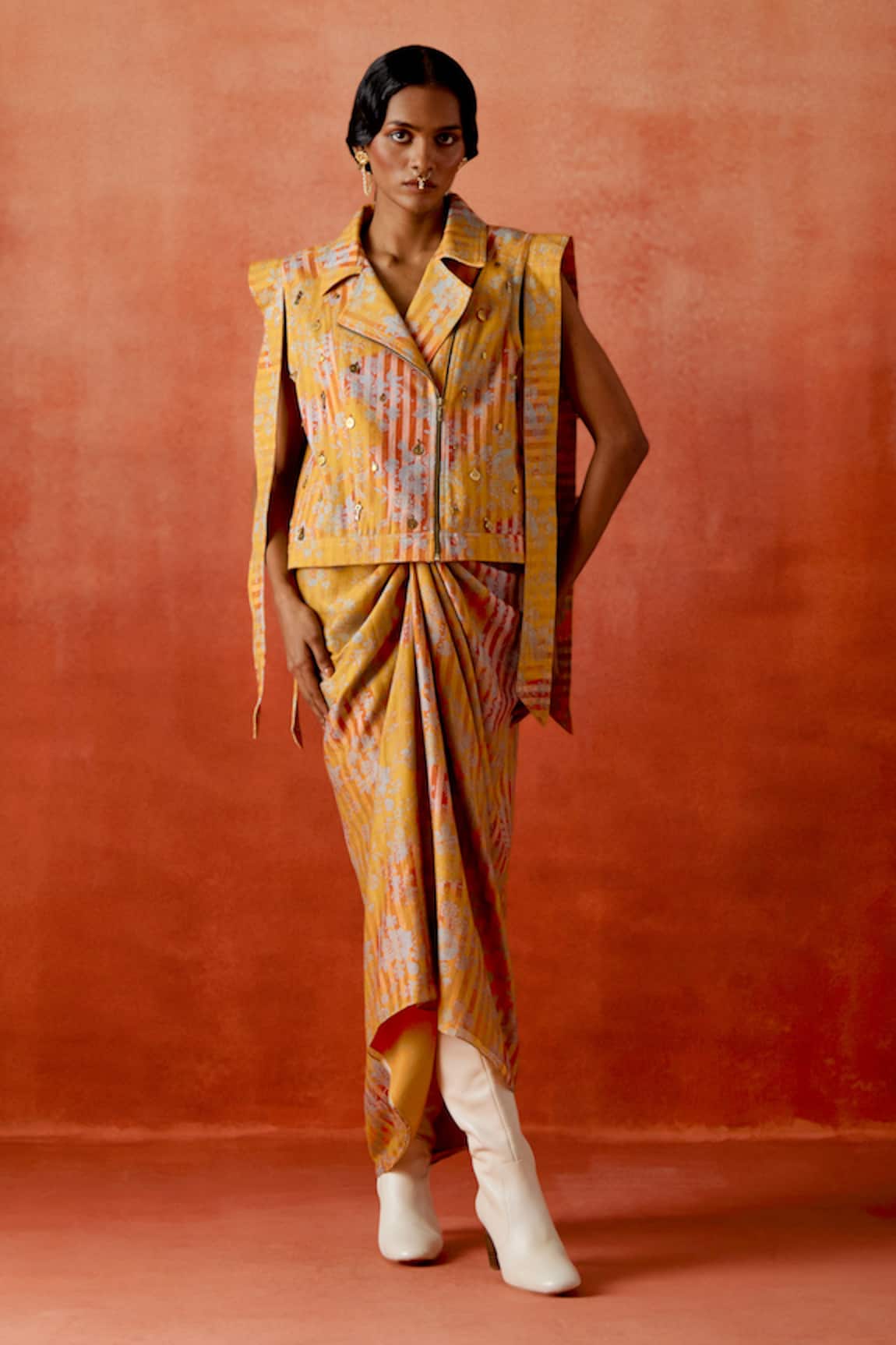 Jajaabor Striped Print Jacket & Knotted Skirt Set 