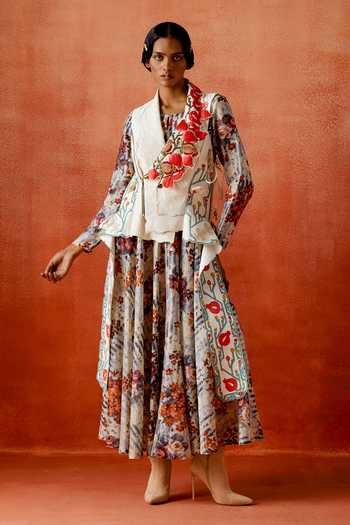 Jajaabor Pomegranate Embroidered Jacket With Printed Anarkali 
