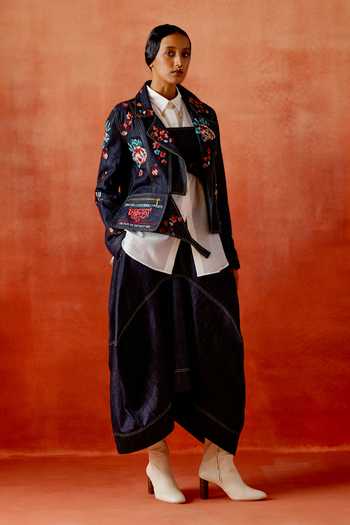 Jajaabor Embroidered Denim Biker Jacket Skirt Set 