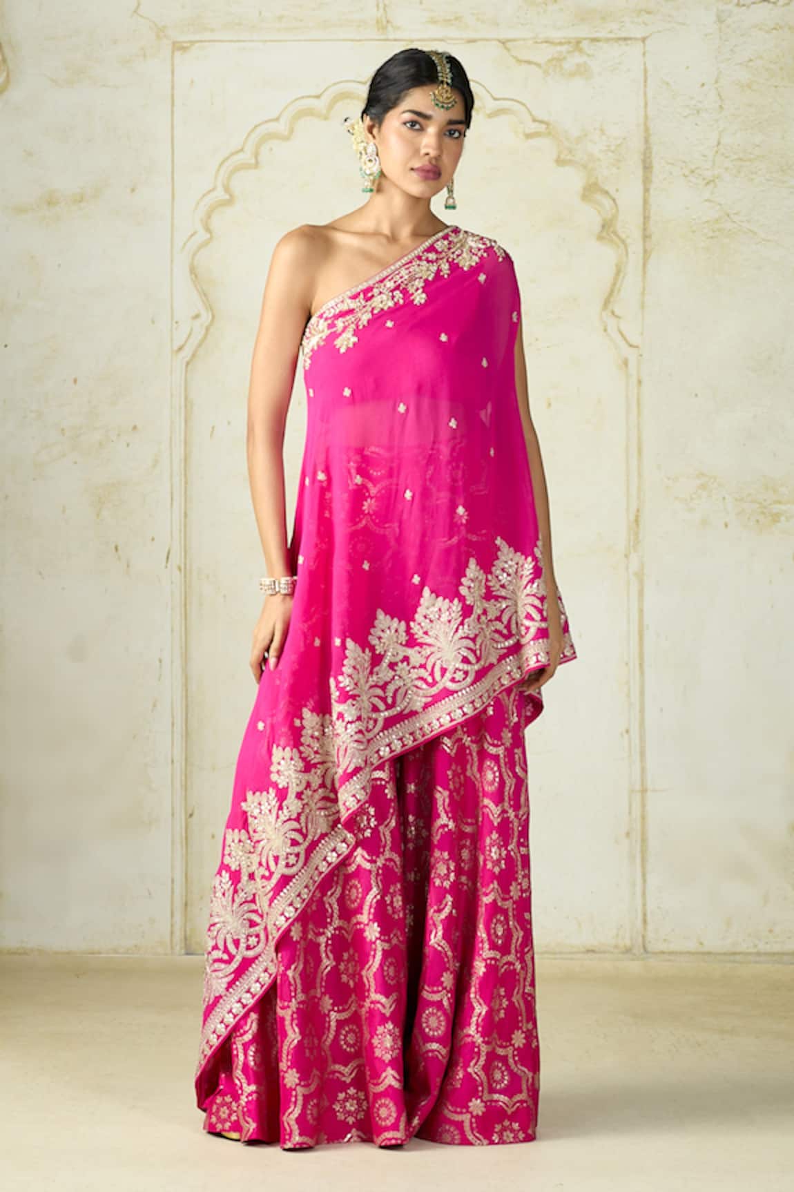 Gopi Vaid Areesha One Shoulder Embroidered Kurta & Sharara Set