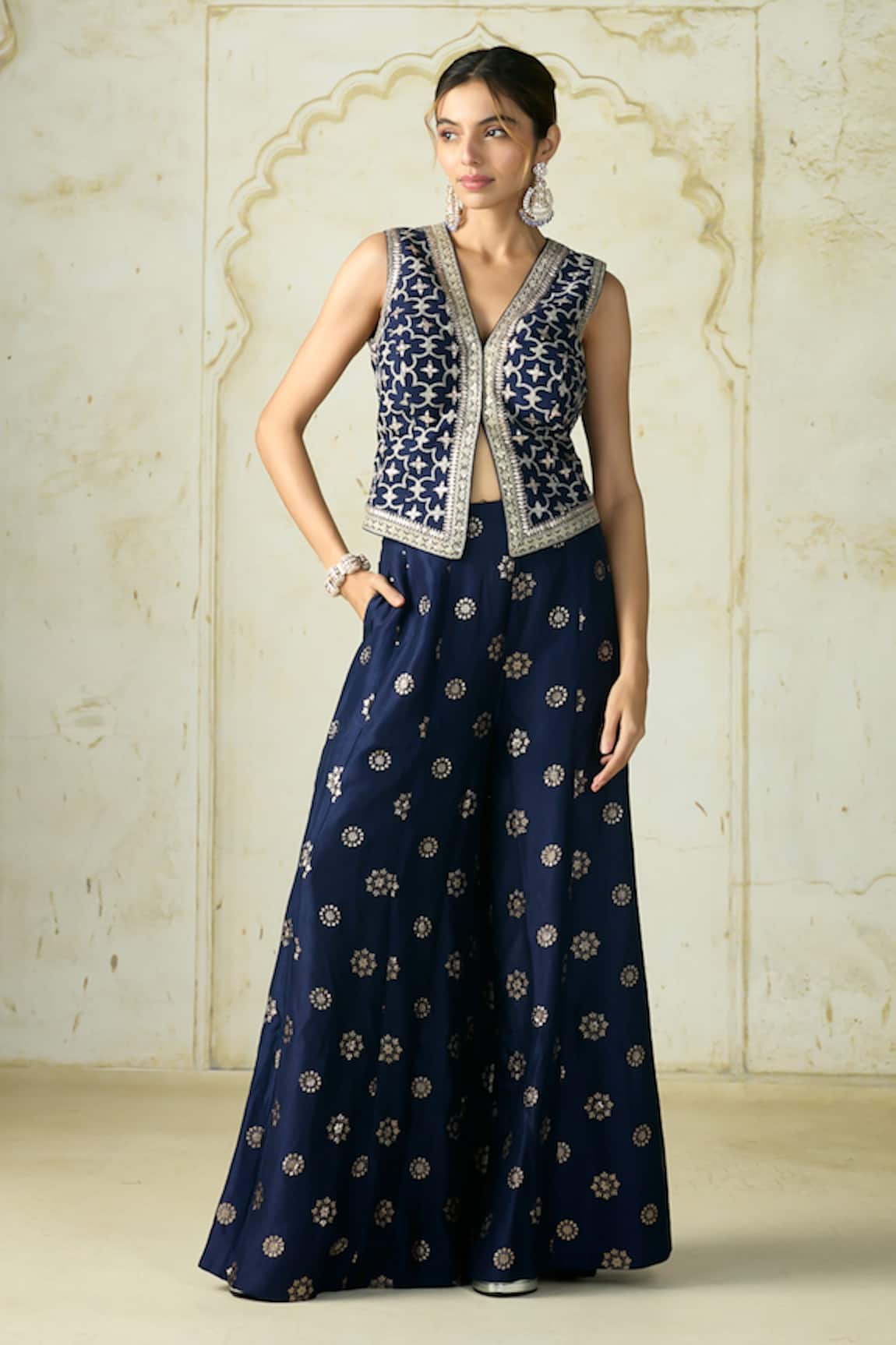 Gopi Vaid Mizna Abstract Embroidered Vest & Palazzo Set 