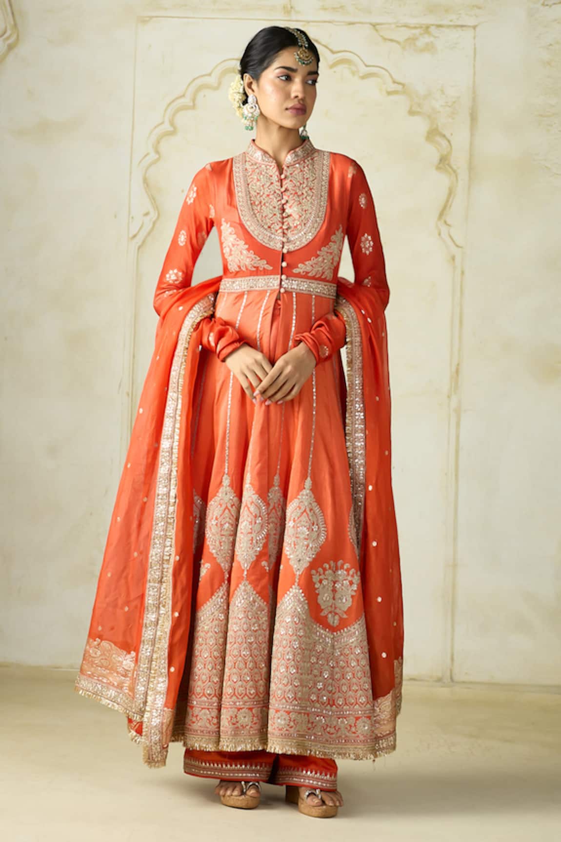 Gopi Vaid Wajiha Floral Stripe Embroidered Anarkali Set 