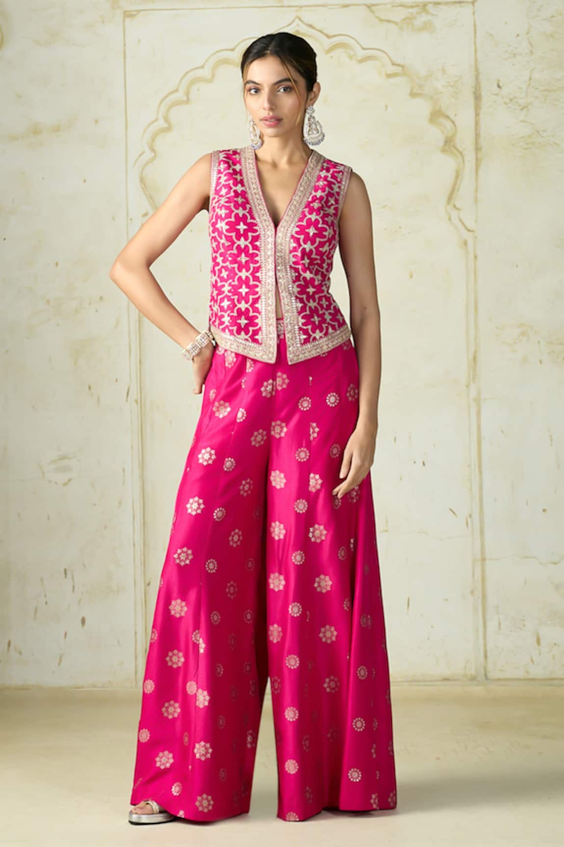 Gopi Vaid Mizna Geometric Pattern Vest & Palazzo Set 