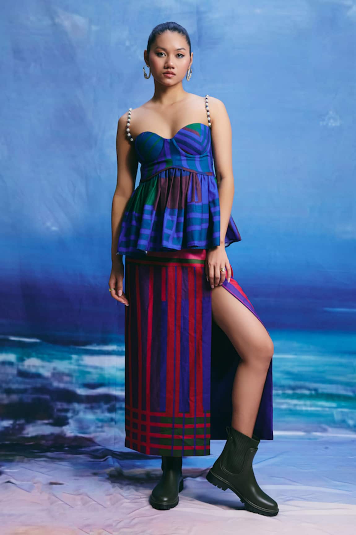 ZiP by Payal & Zinal Ocean Kiss Bustier Top & Slit Skirt Set 