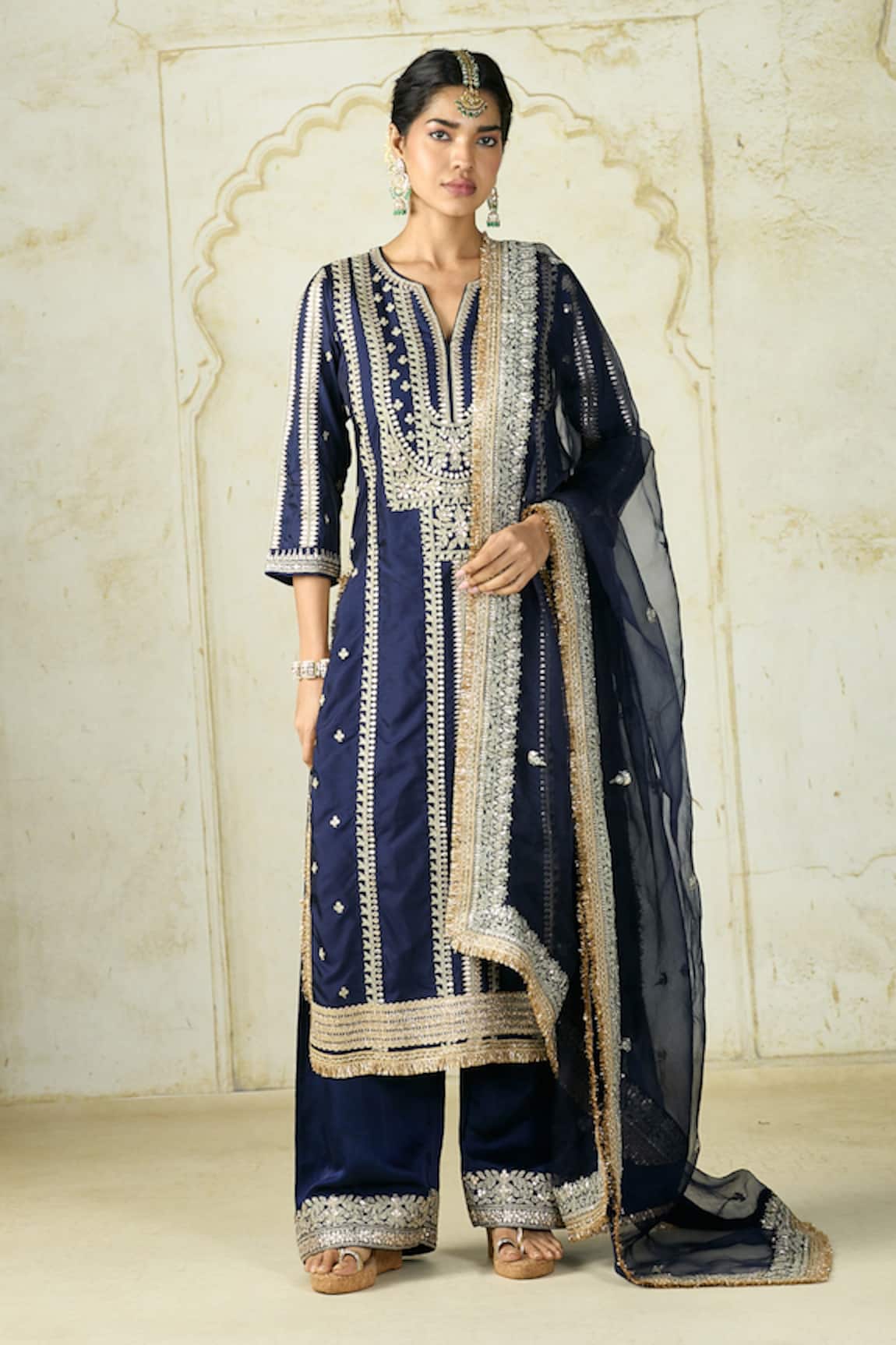 Gopi Vaid Embroidered Tussar Kurta Palazzo Dupatta Set