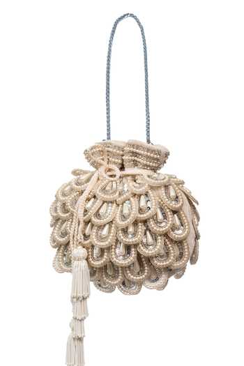 SG Collection By Sonia Gulrajani Ivory Velvet Scallop Embroidered Potli 