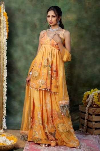 Archana Kochhar Pearl Sequin Bead Georgette Peplum Kurta Sharara Set 