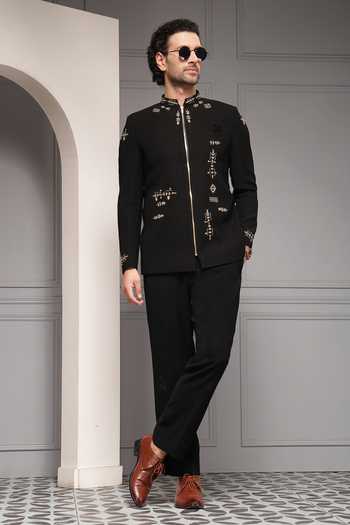 Soniya G Zaffre Noir Embroidered Bandhgala Set 