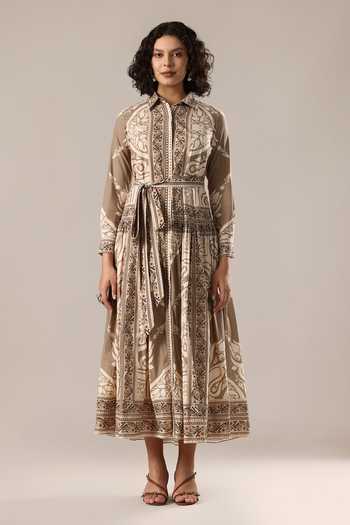 GOLDN Printed Silk Chanderi Dress With Belt