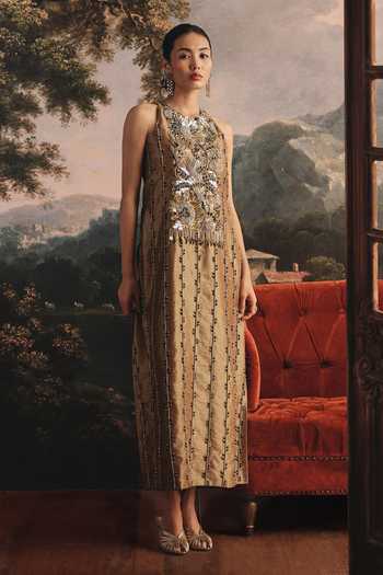 Buy Gold Tissue Sequins, Crystals Embroidered Floral Patti Midi