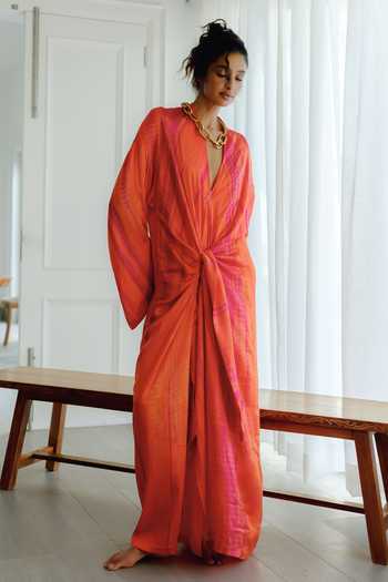 Ituvana Kanti Tie-Dye Satin Silk Maxi Robe Dress 