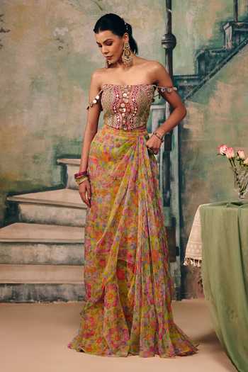 Label Moni K Dilruba Draped Skirt & Mirror Work Blouse Set 